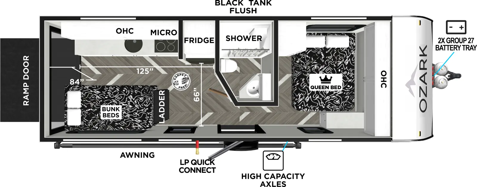 The Ozark 1900THK floorplan is a toy hauler that has one entry and zero slide outs. Exterior features include: metal exterior and 14' awning. Interiors features include: bunk beds and front bedroom.